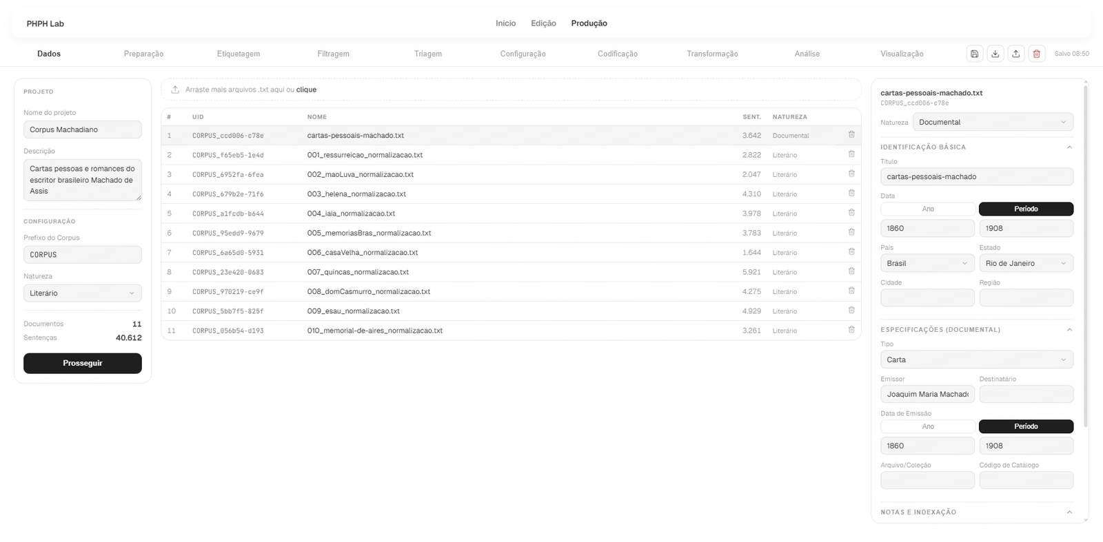 Aba Dados na página Produção do PHPB Lab